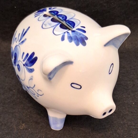 Vintage Hand Painted Delfts Blue Pottery Piggy Bank/Dutch Windmill Design/w+Cork - Picture 4 of 9